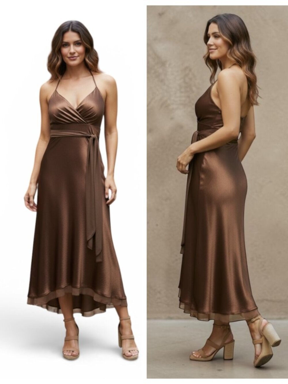 BCBGMaxazria 100% Silk halter chocolate Slip dress - Picture 3 of 12